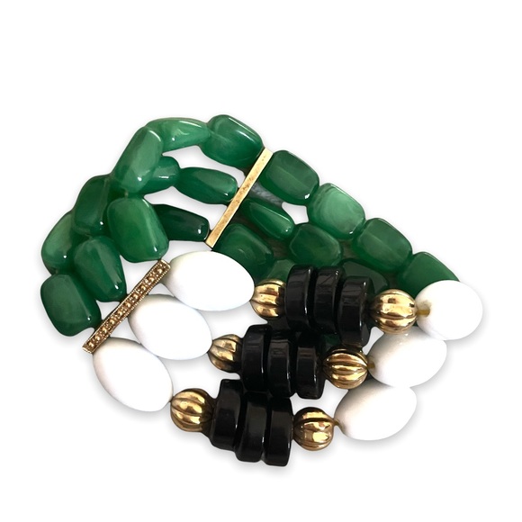 Vintage Extra Wide 3 Strand Egyptian Jade Lucite Beads Engraved Bracelet - Picture 1 of 11